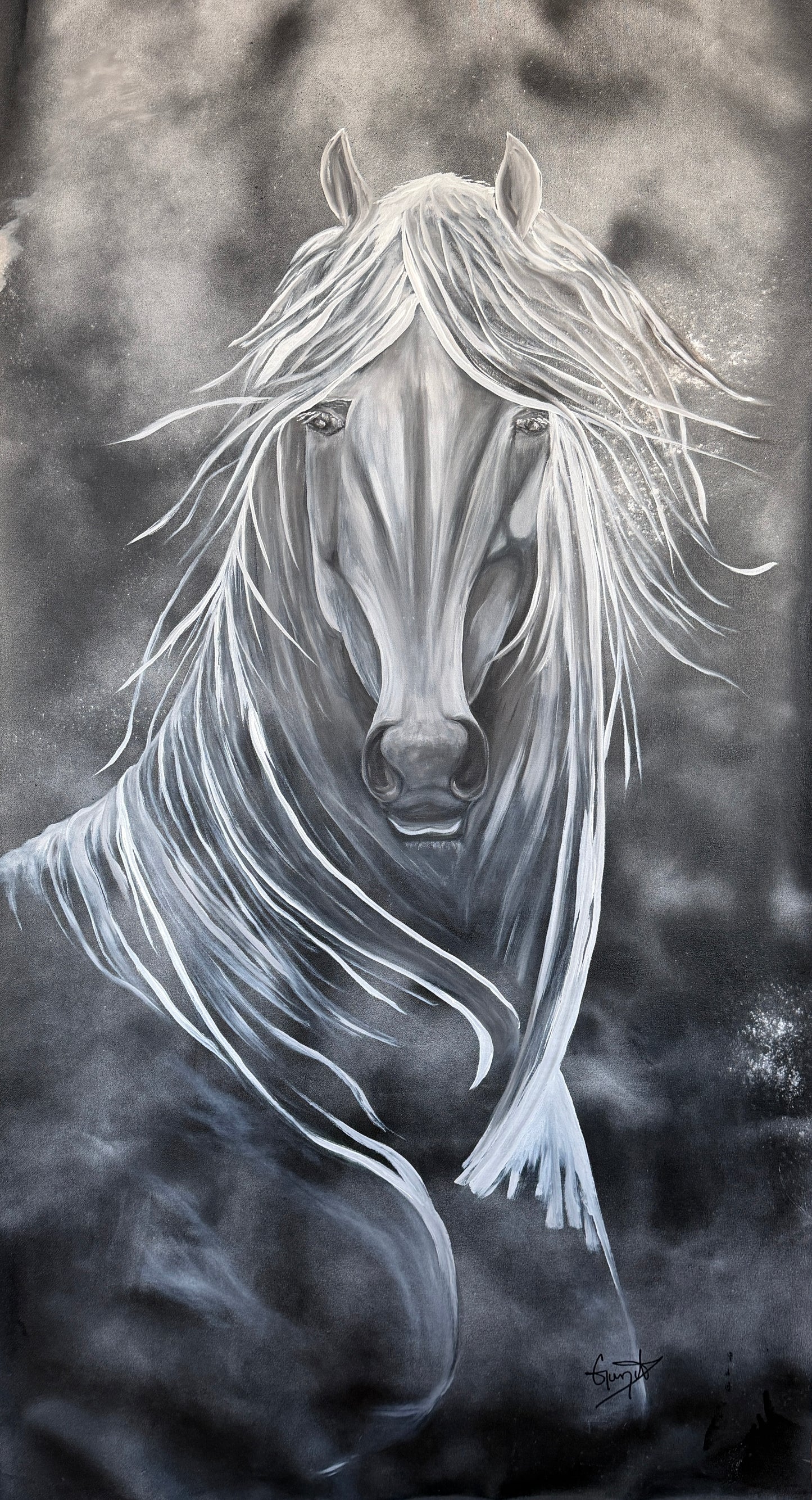 Artistic depiction of a horse with flowing mane against a dark background. 6 foot tall extra large horse artwork. Year of the horse.