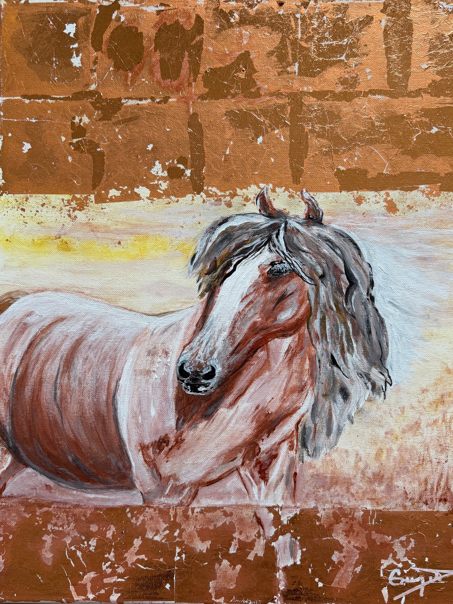 Artistic depiction of a horse on a textured brown and beige mixed media background. Year of the horse.