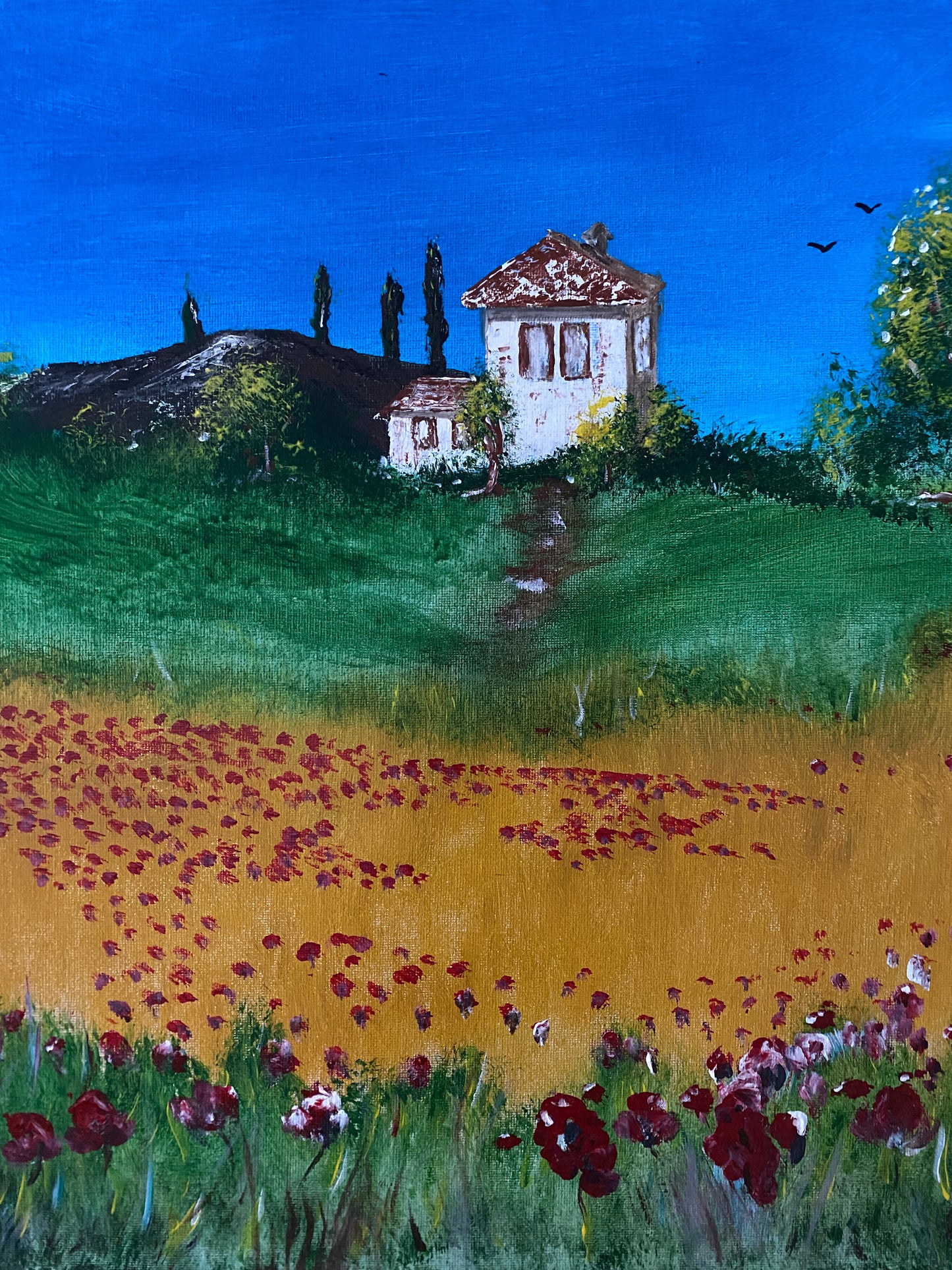 An acrylic on canvas painting featuring a green field with red poppies with a pathway leading up to a charming white house.