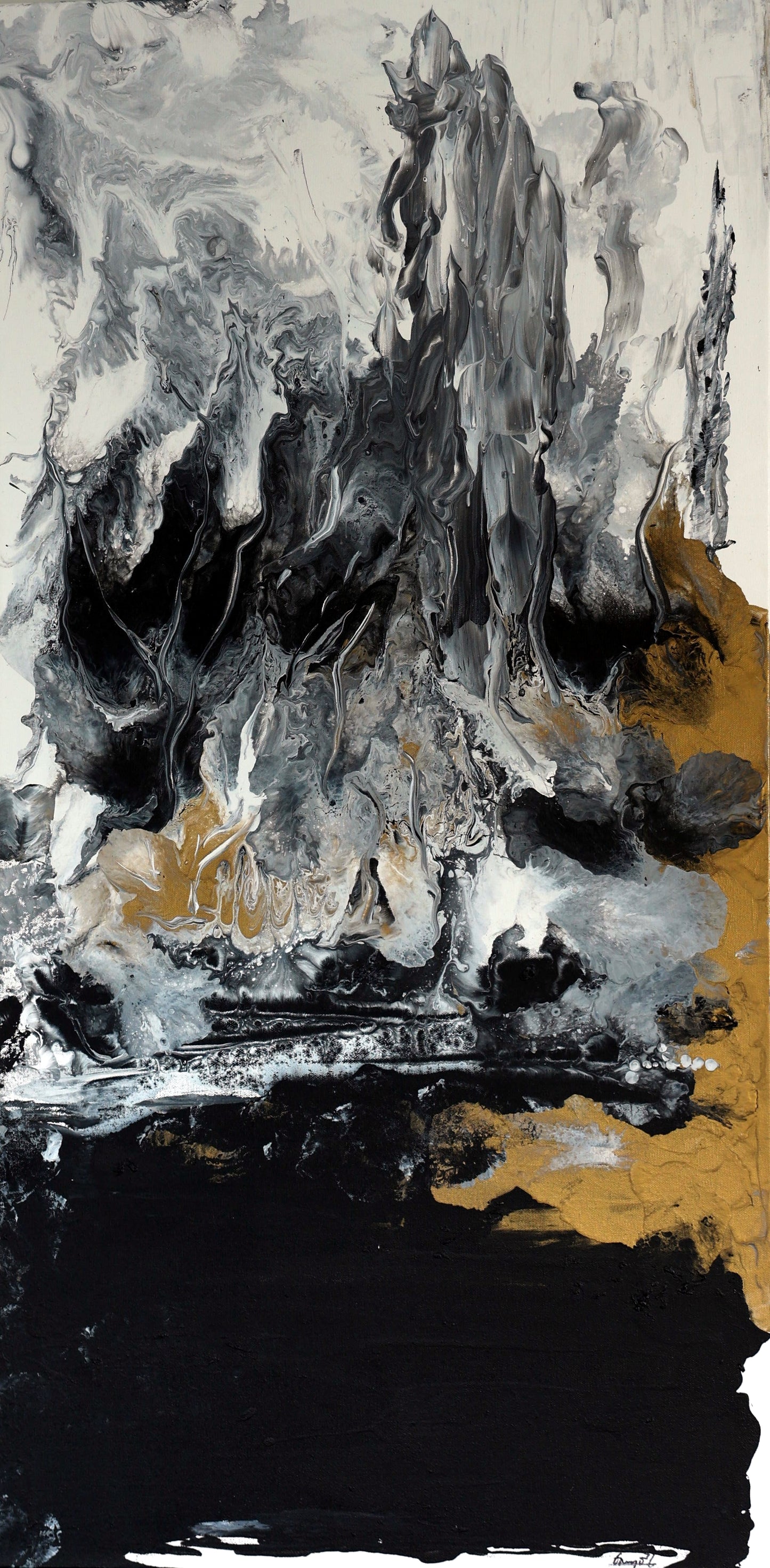 An abstract acrylic painting on canvas featuring a dramatic fire-like pattern with black, gold, white, and gray colors.