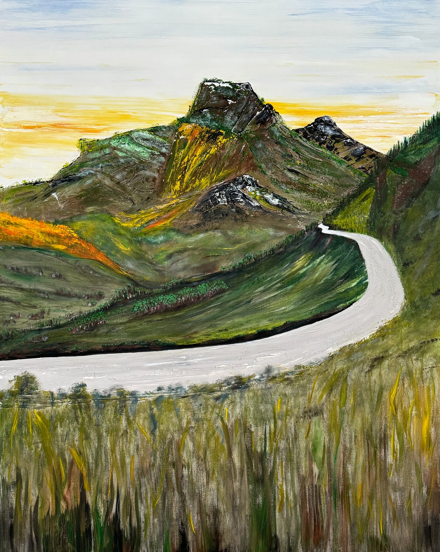 A canvas painting featuring a winding road with a mountainous landscape in the background, painted in vibrant colors with a warm glow.