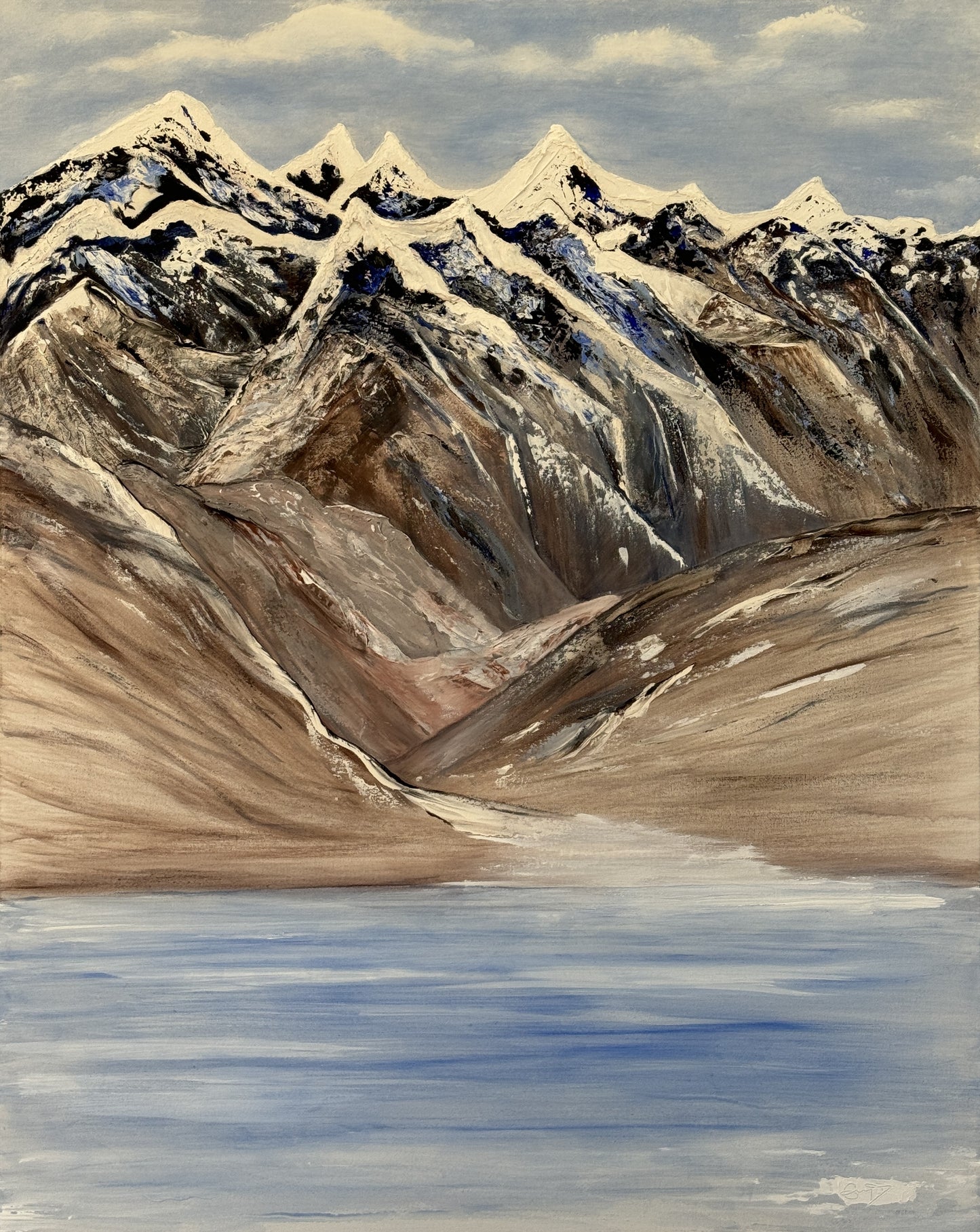 Rocky mountain landscape painting of high peaks behind calm waters