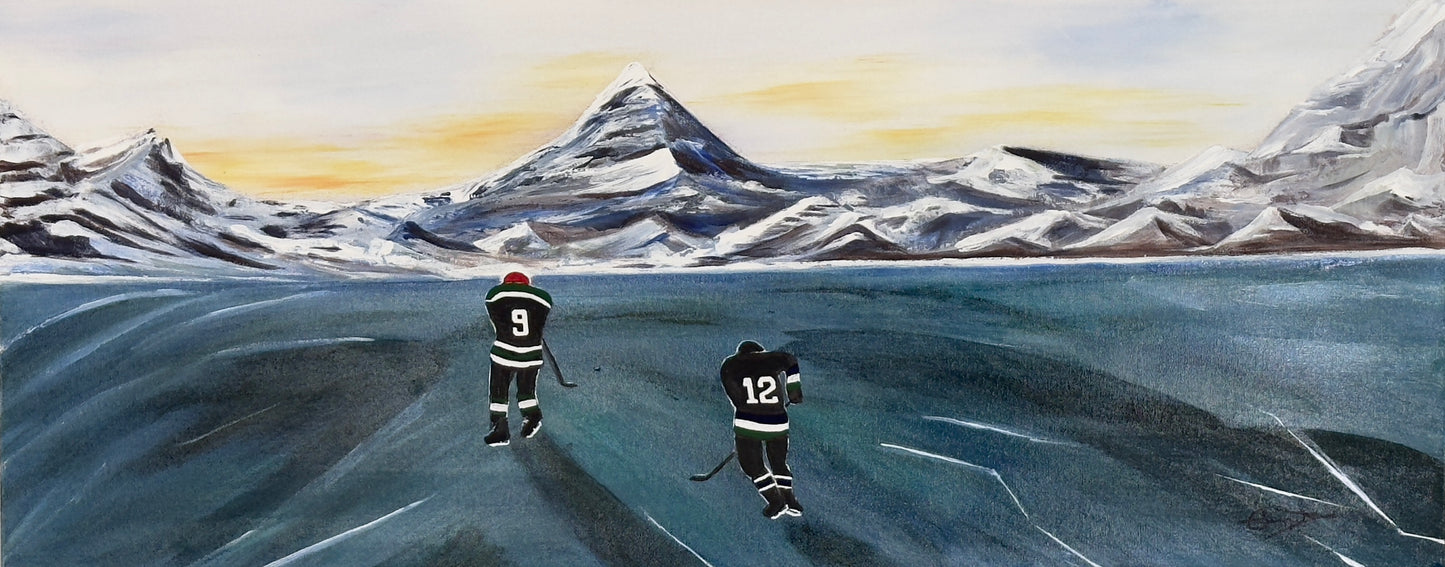An acrylic painting on canvas featuring two hockey player figures on a frozen lake with mountains in the background and a sunset-like glow in the sky.