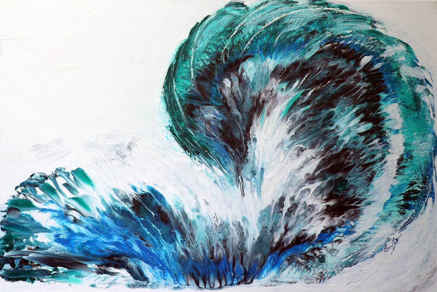 An acrylic painting of a splash, in blue, green and black colors, on a white canvas background