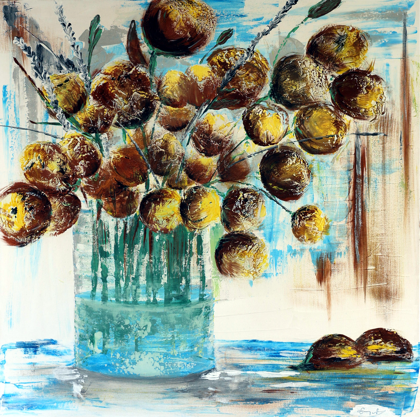 Texturized painting of a vase of yellow and brown abstract flowers. Vibrant and cheerful.
