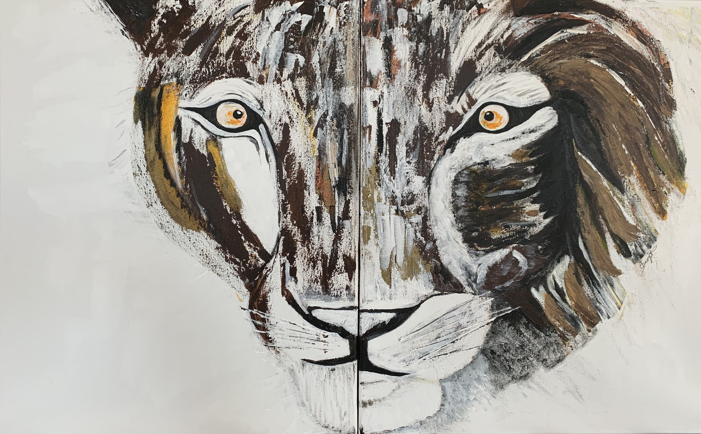 An acrylic diptych painting on canvas featuring a stylized, abstract half lion and half lioness.