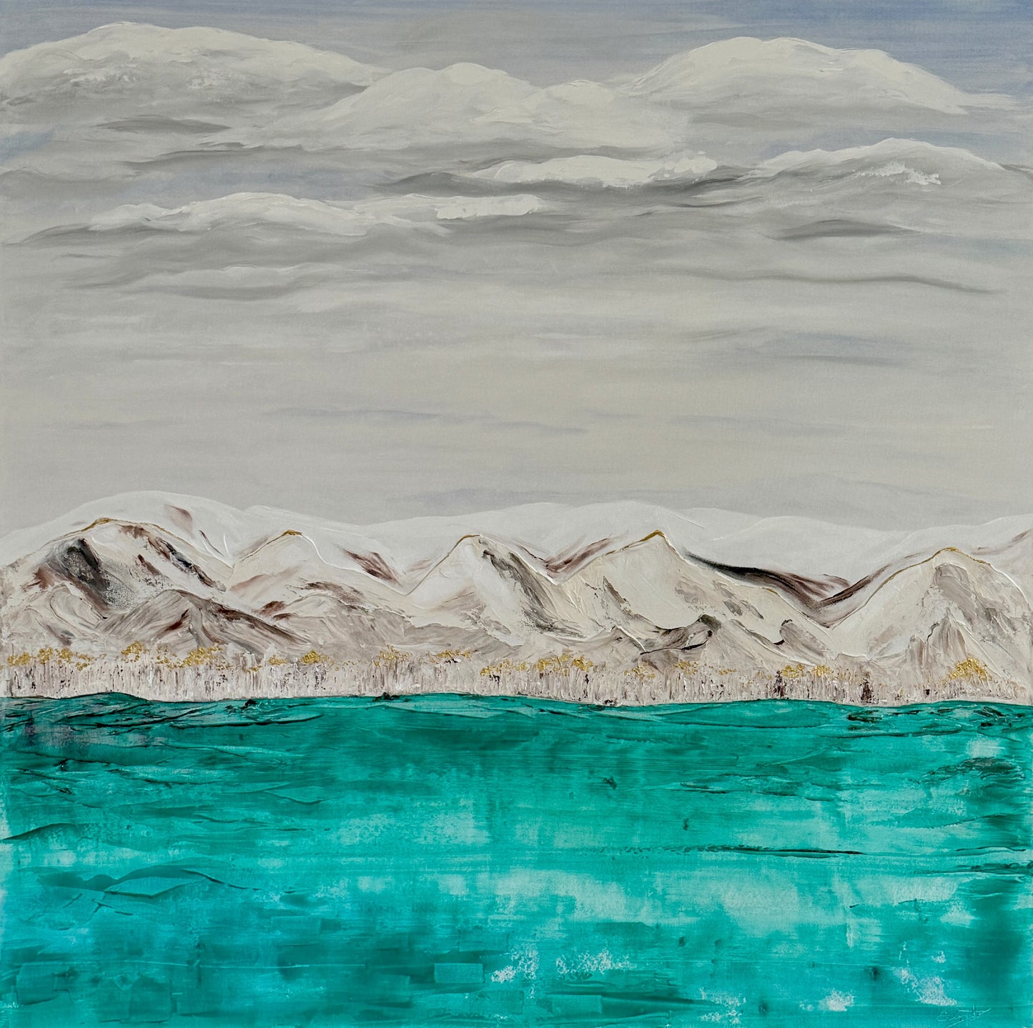 Minimalist and abstract painting of rocky mountains behind a calm emerald or teal lake on a cloudy day