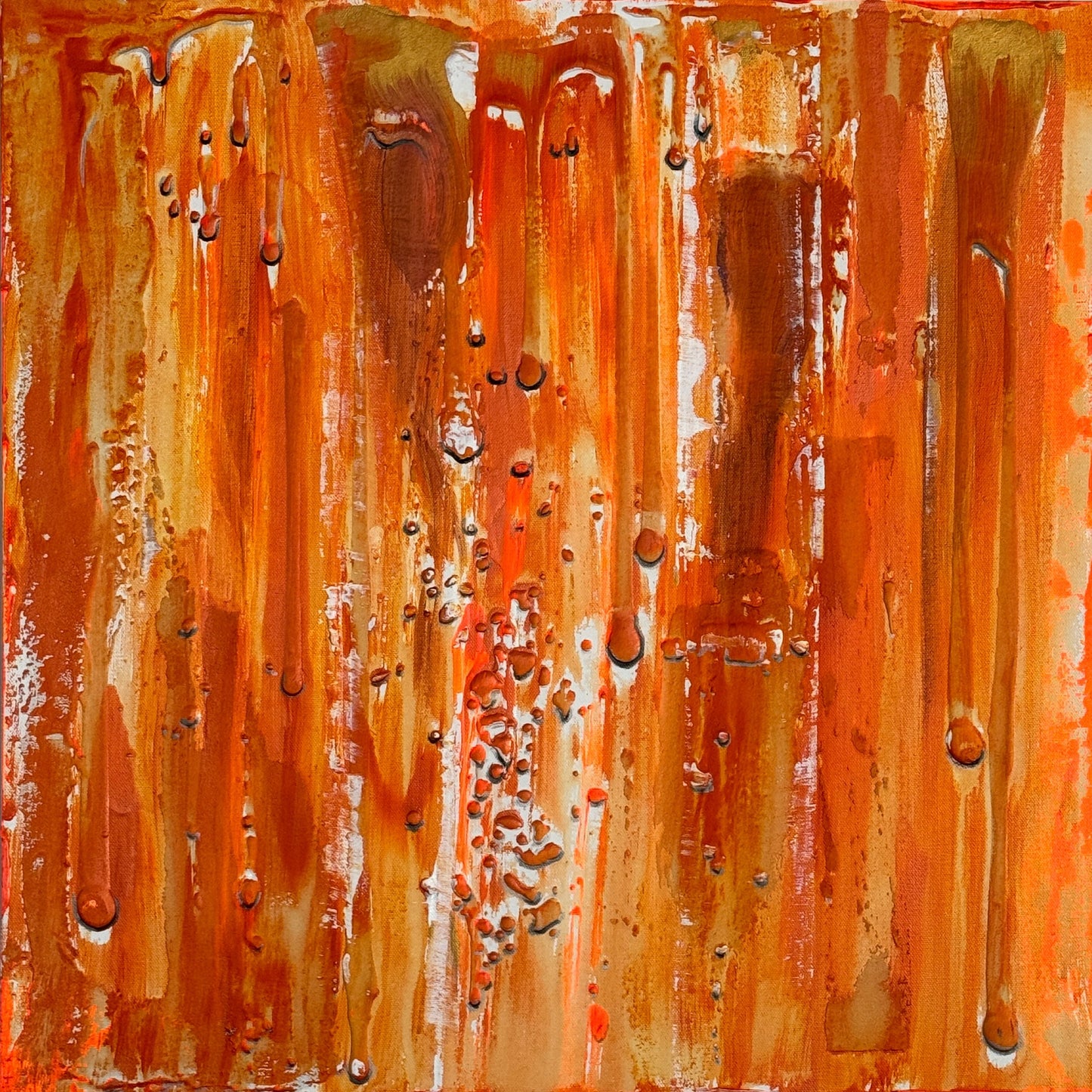 A square-shaped canvas painting featuring a warm-colored abstract scene with raindrop shapes in orange and brown.