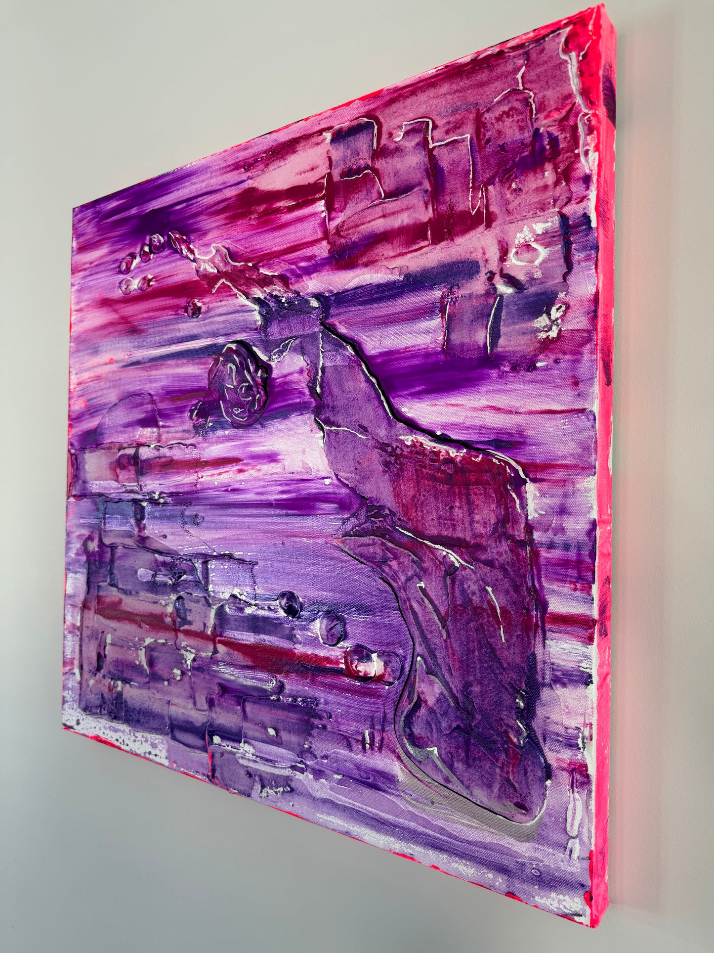 Square abstract texturized painting in pink and purple