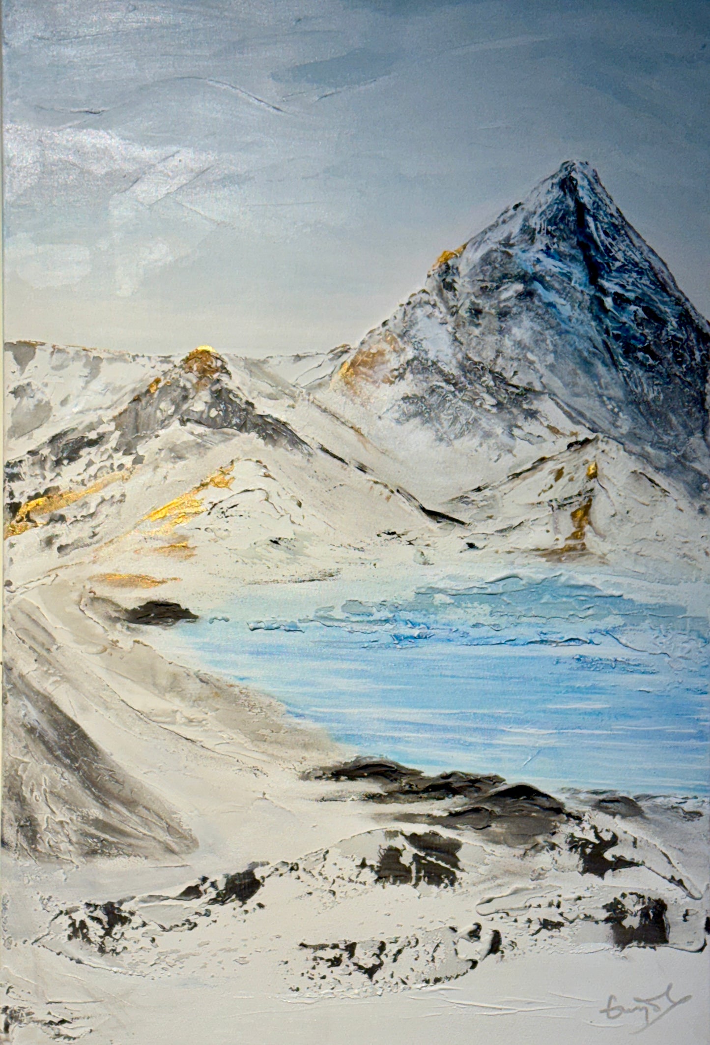Texturized rocky mountain landscape painting with a lake