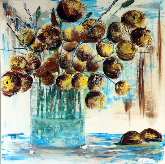 Chin Up Buttercup. Mixed media on canvas. 36 x 36 inches.