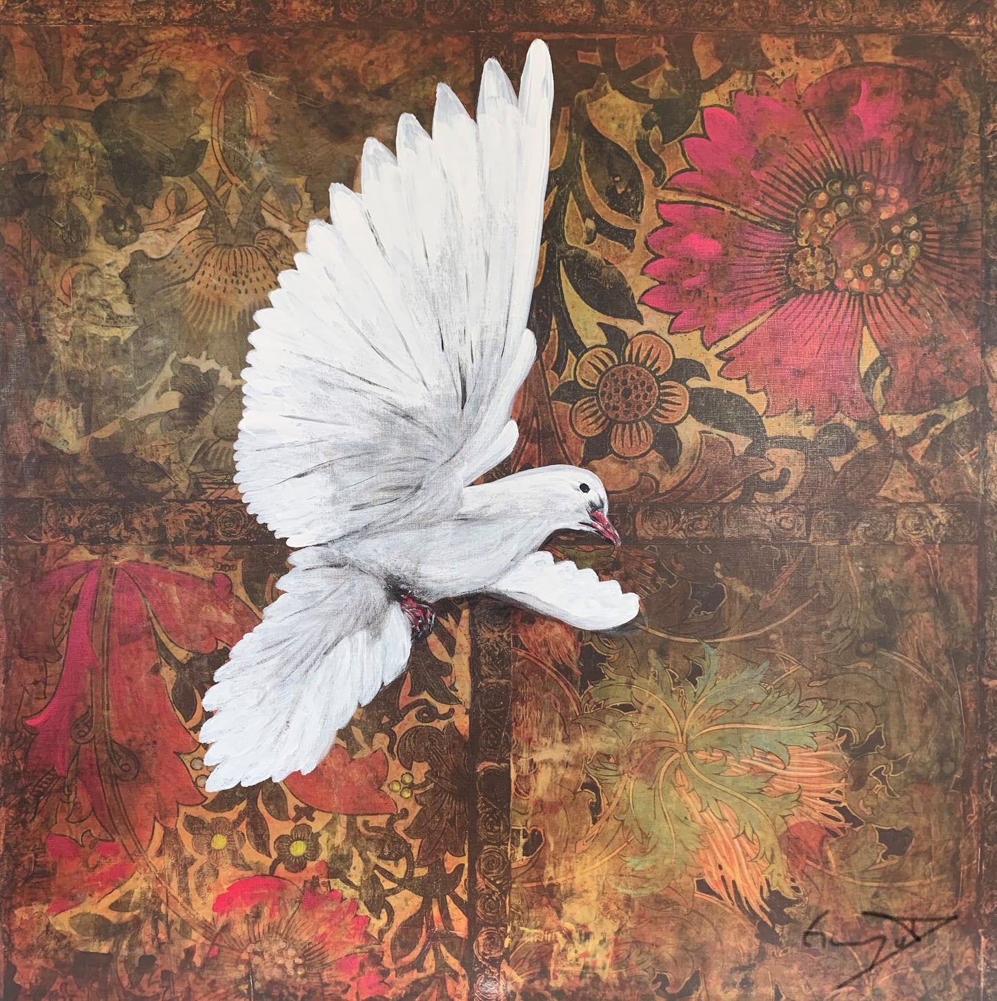 Acrylic painting of a white dove in flight on a canvas with a floral and paisley pattern background.