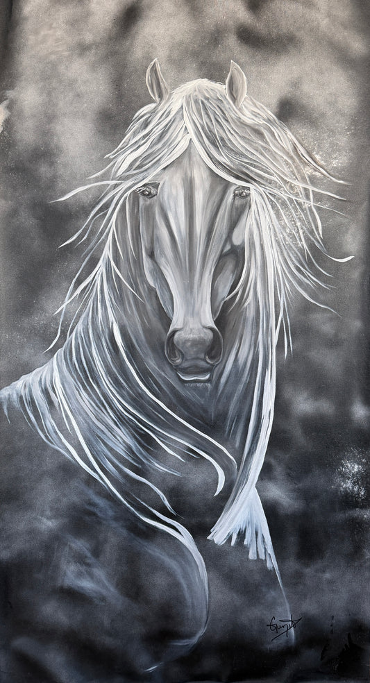 Artistic depiction of a horse with flowing mane against a dark background. 6 foot tall extra large horse artwork. Year of the horse.