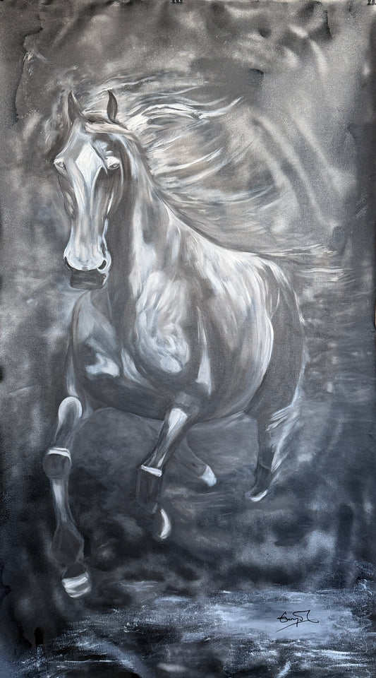Artistic depiction of a horse running, as if out of a portal. 6 foot tall extra large horse painting. Year of the horse.