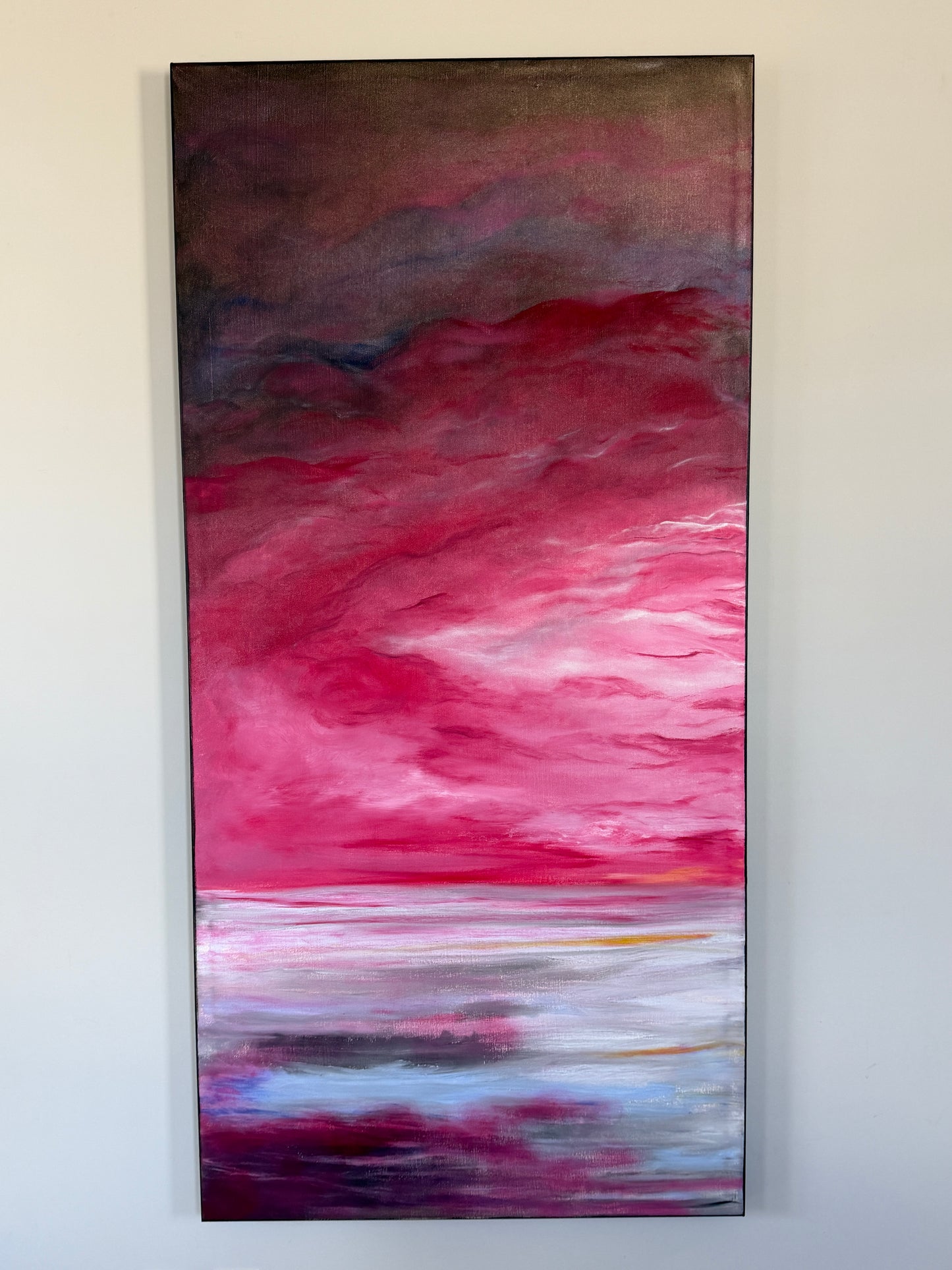 Dark Romance. Oversized abstract painting of moody sky and mystical portal. Oil on canvas. Triptych (3 vertical panels).