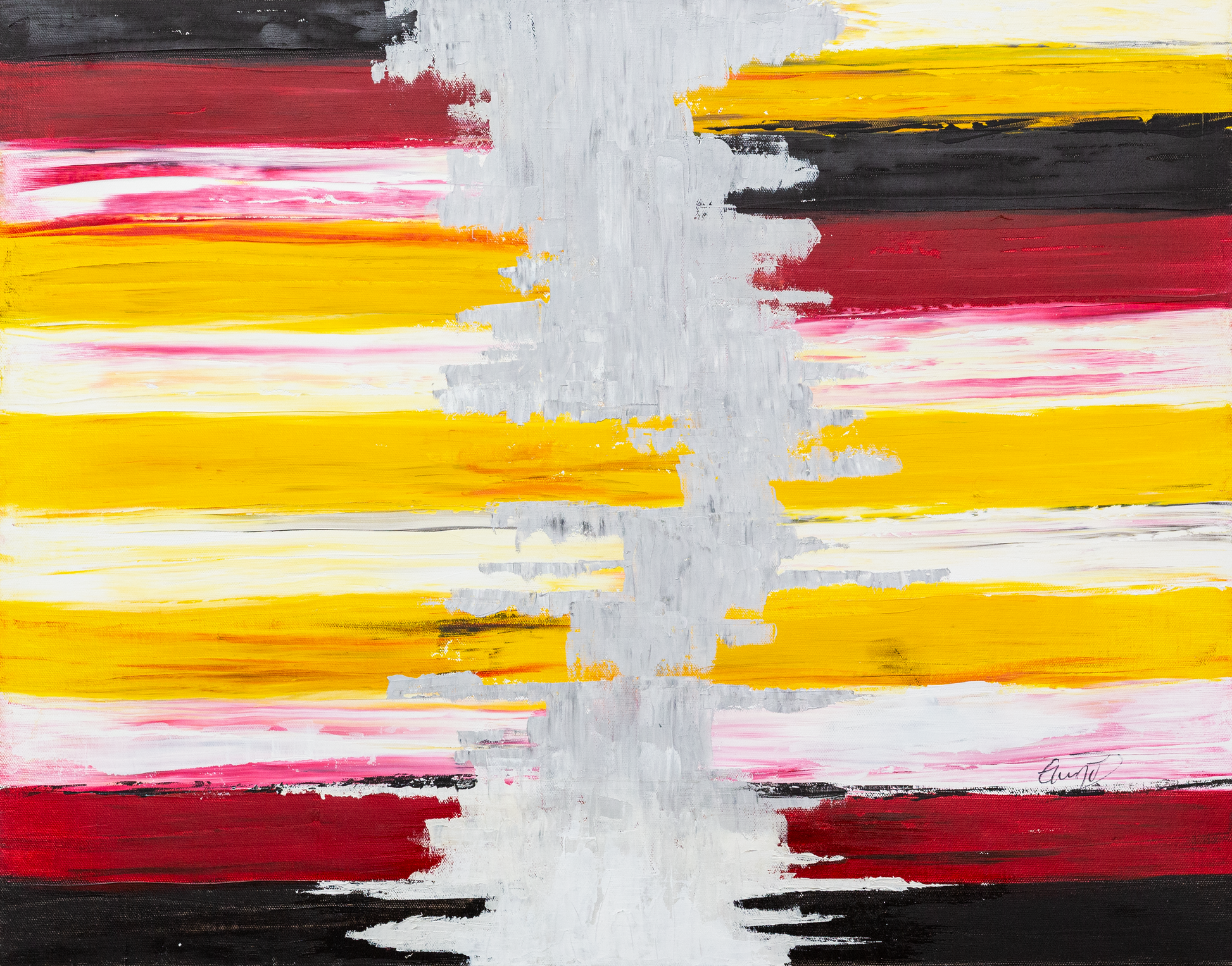 An abstract artwork featuring horizontal lines in red, yellow, black, and white, with flow through the middle