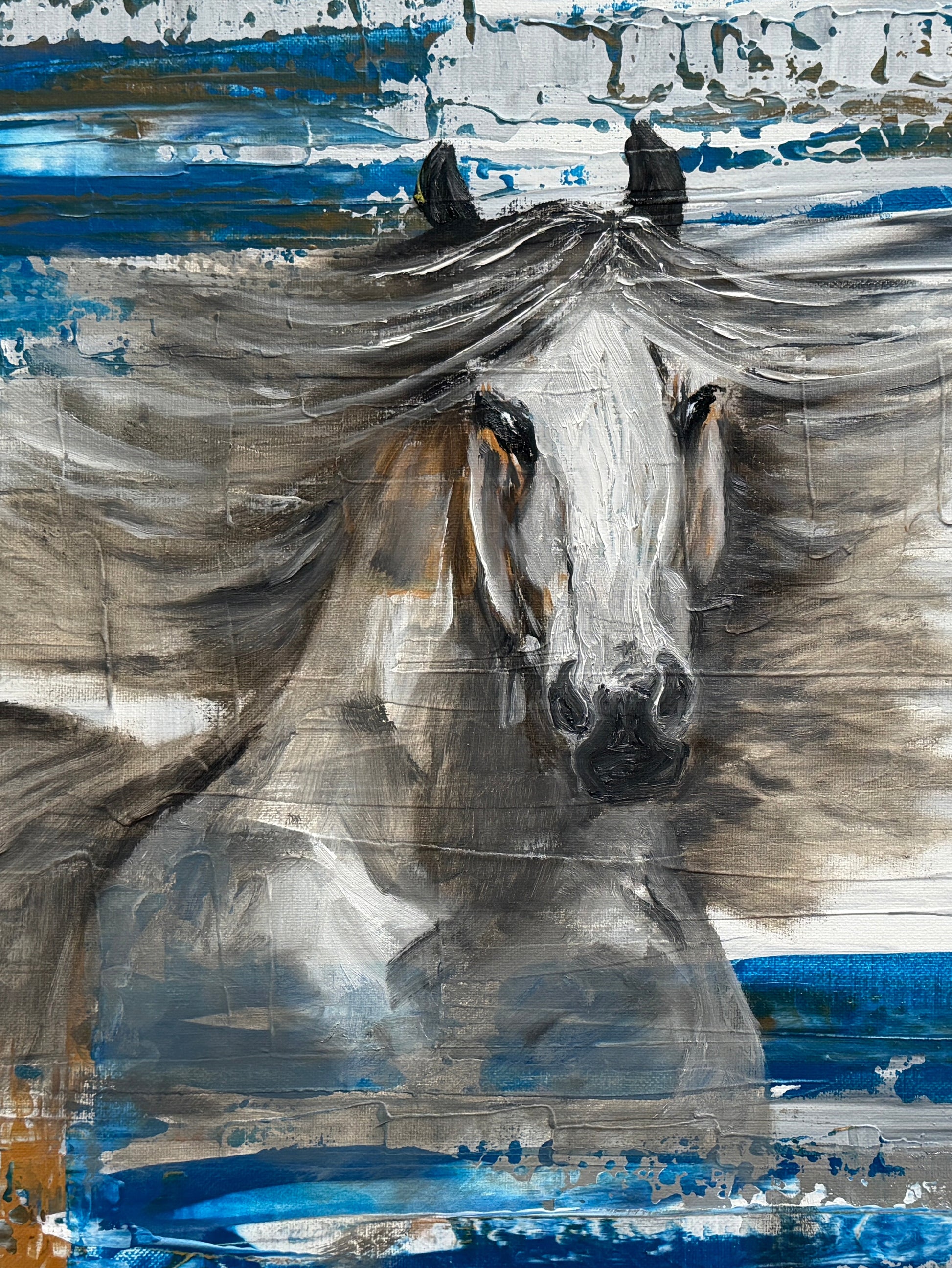 Artistic depiction of a horse with abstract blue and gray background. Year of the horse.