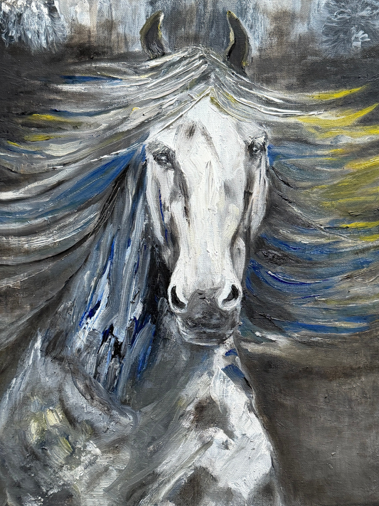 Painting of a horse with abstract brushstrokes in gray, blue, and yellow. Year of the horse.