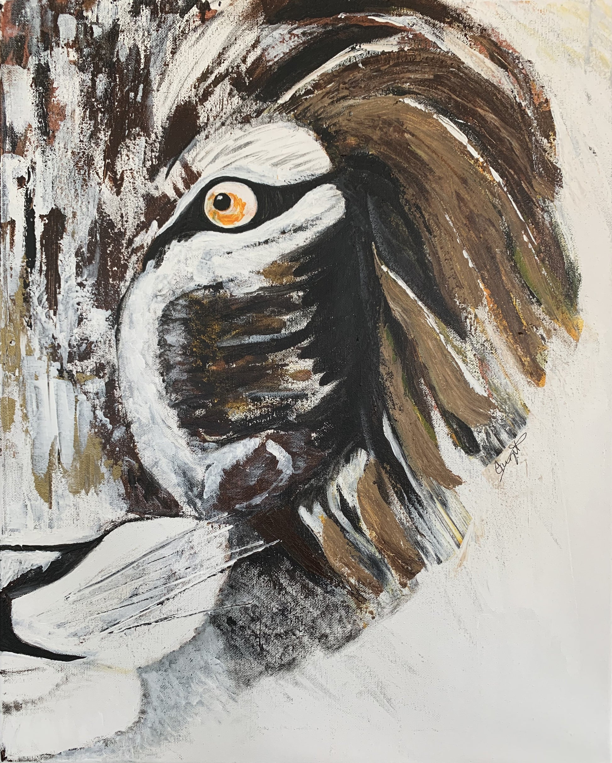 An acrylic painting on canvas featuring a stylized, abstract representation of a lion with a flowing mane