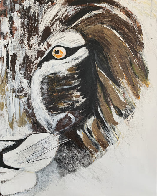 An acrylic painting on canvas featuring a stylized, abstract representation of a lion with a flowing mane