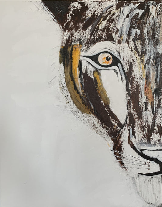 An acrylic on canvas painting featuring a close-up portrait of a lioness.