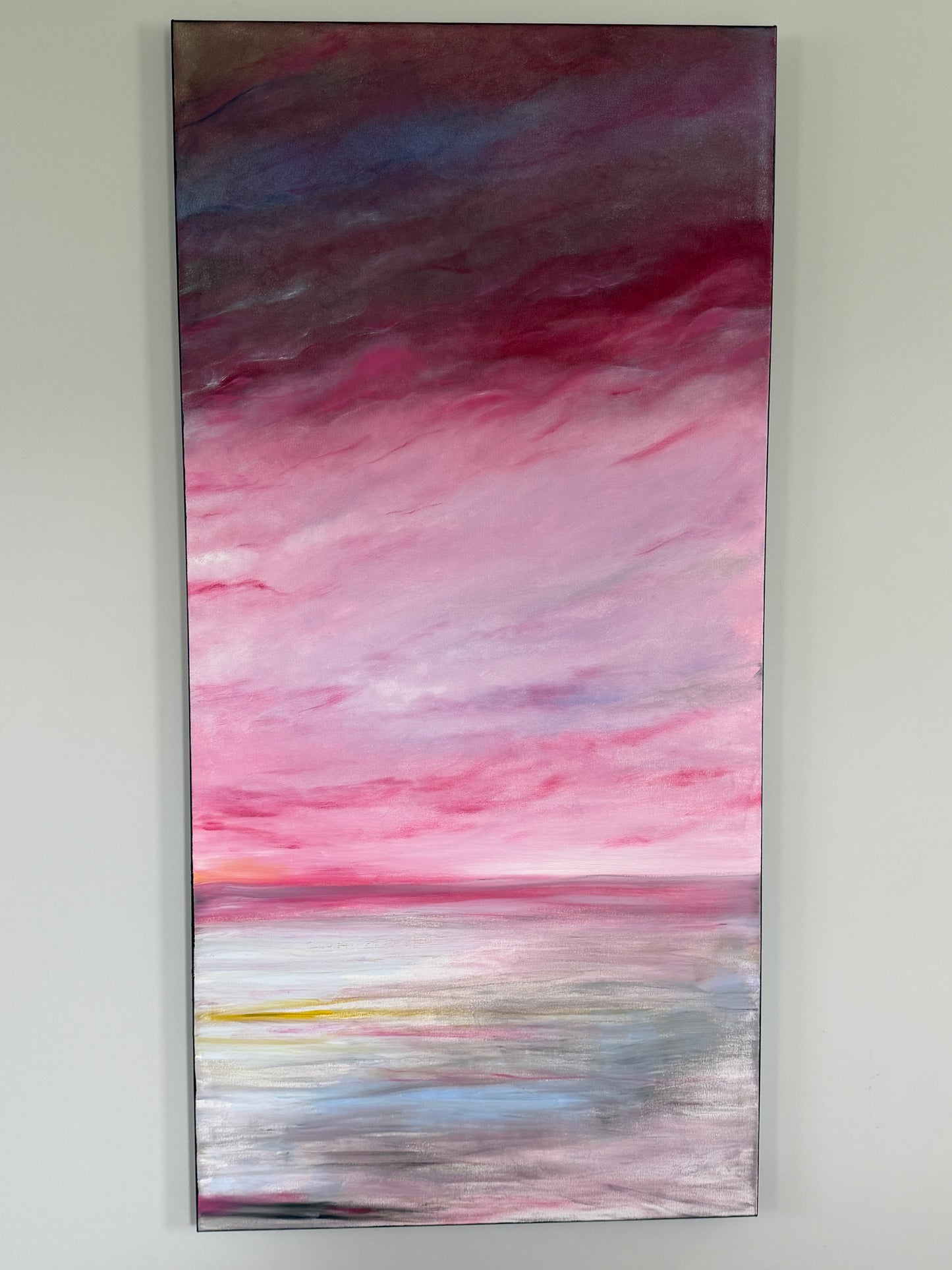 Dark Romance. Oversized abstract painting of moody sky and mystical portal. Oil on canvas. Triptych (3 vertical panels).