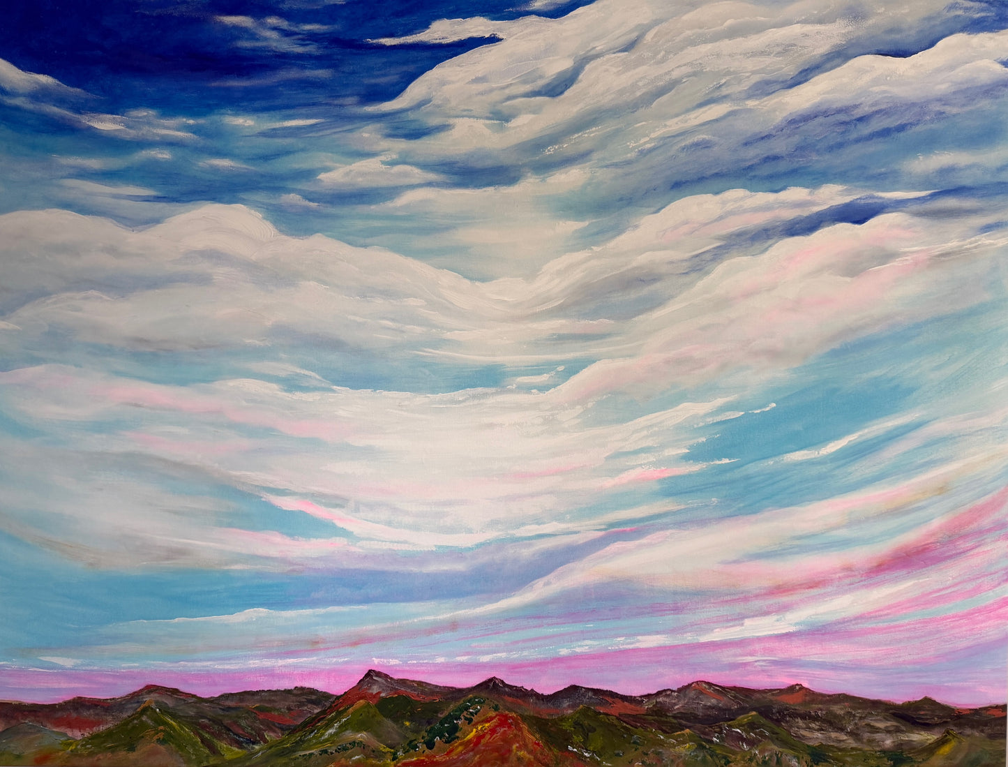 Beyond. Oversized, big sky, vast horizon and mountain painting. Acrylic on canvas.