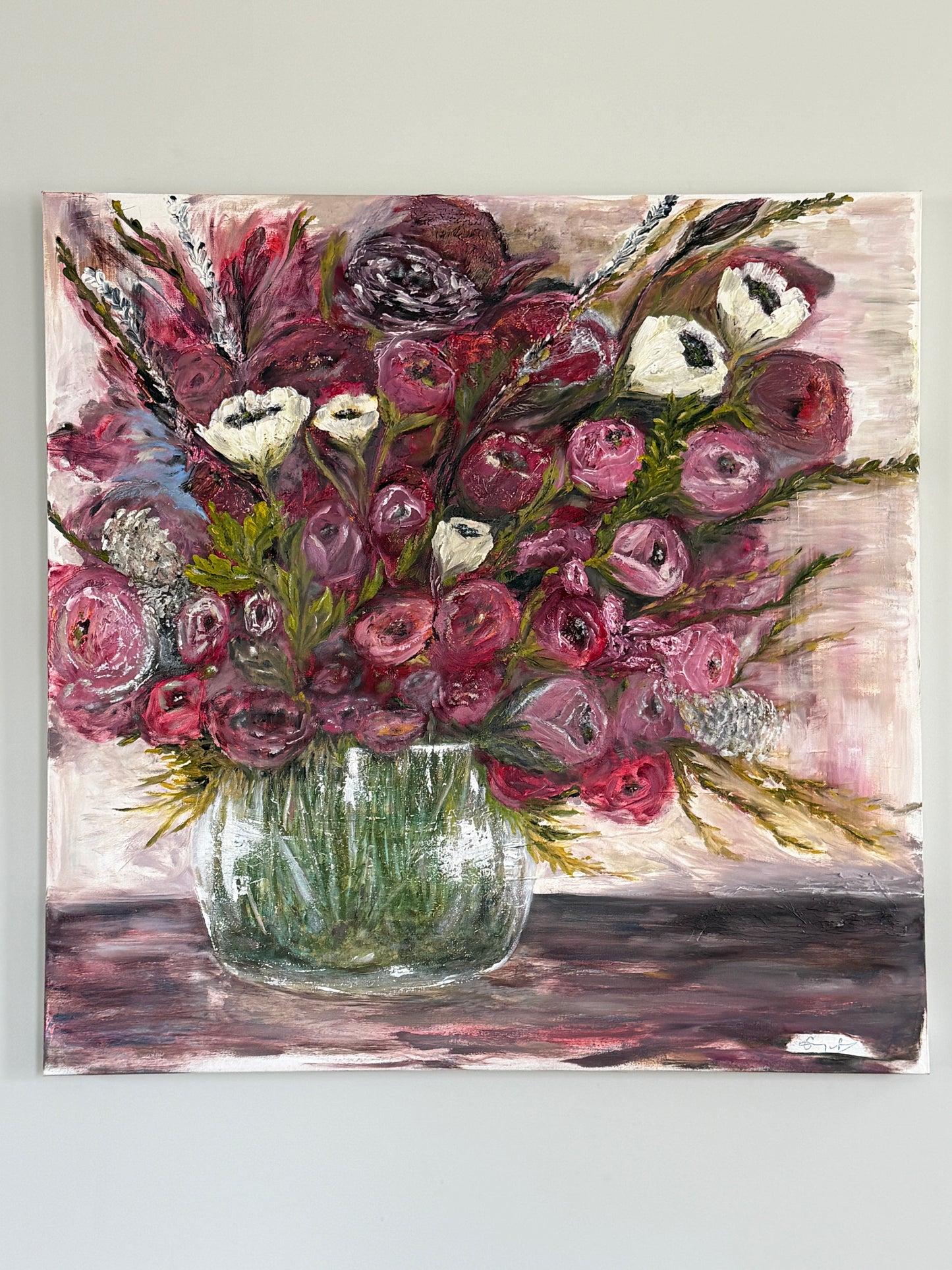 Bloomer. Big vibrant vase of blooming flowers in deep rich colors. Mixed media on canvas.