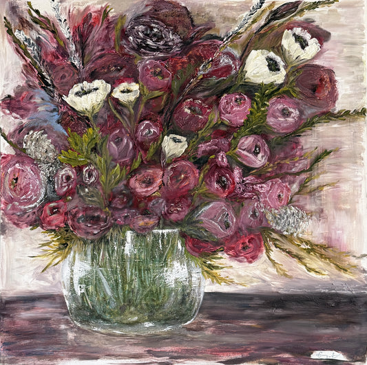Bloomer. Big vibrant vase of blooming flowers in deep rich colors. Mixed media on canvas.