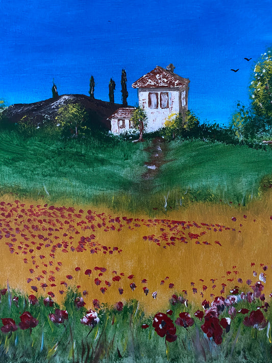 An acrylic on canvas painting featuring a green field with red poppies with a pathway leading up to a charming white house.