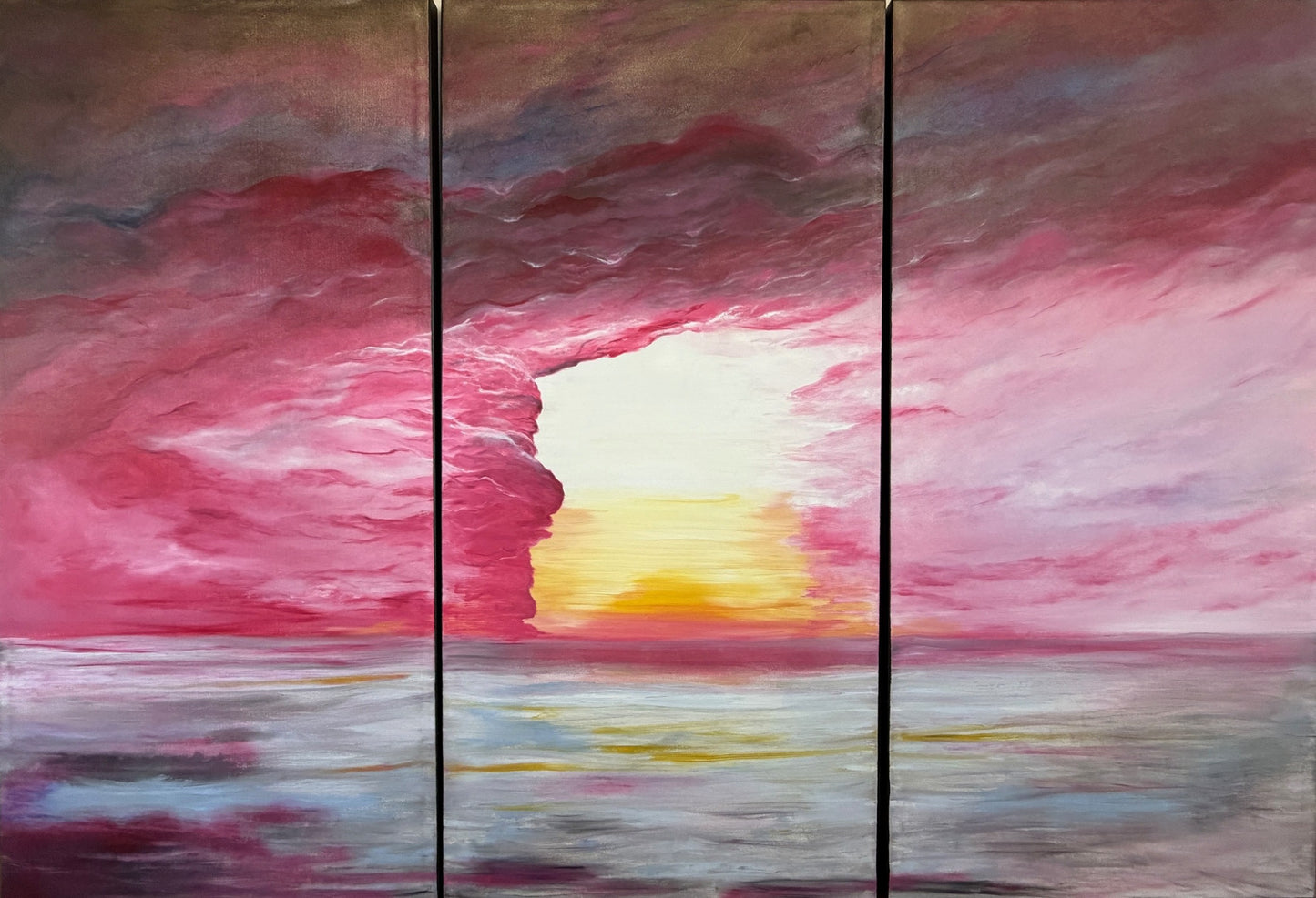 Dark Romance. Oversized abstract painting of moody sky and mystical portal. Oil on canvas. Triptych (3 vertical panels).