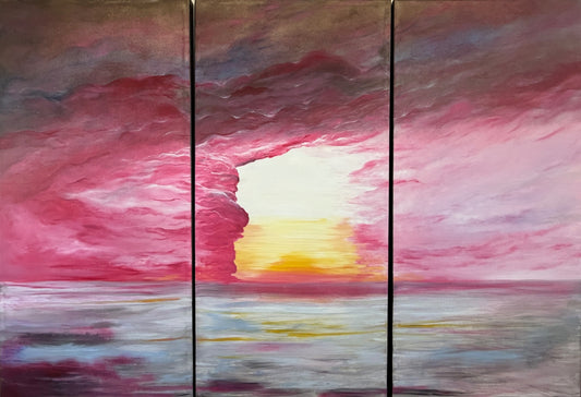 Dark Romance. Oversized abstract painting of moody sky and mystical portal. Oil on canvas. Triptych (3 vertical panels).
