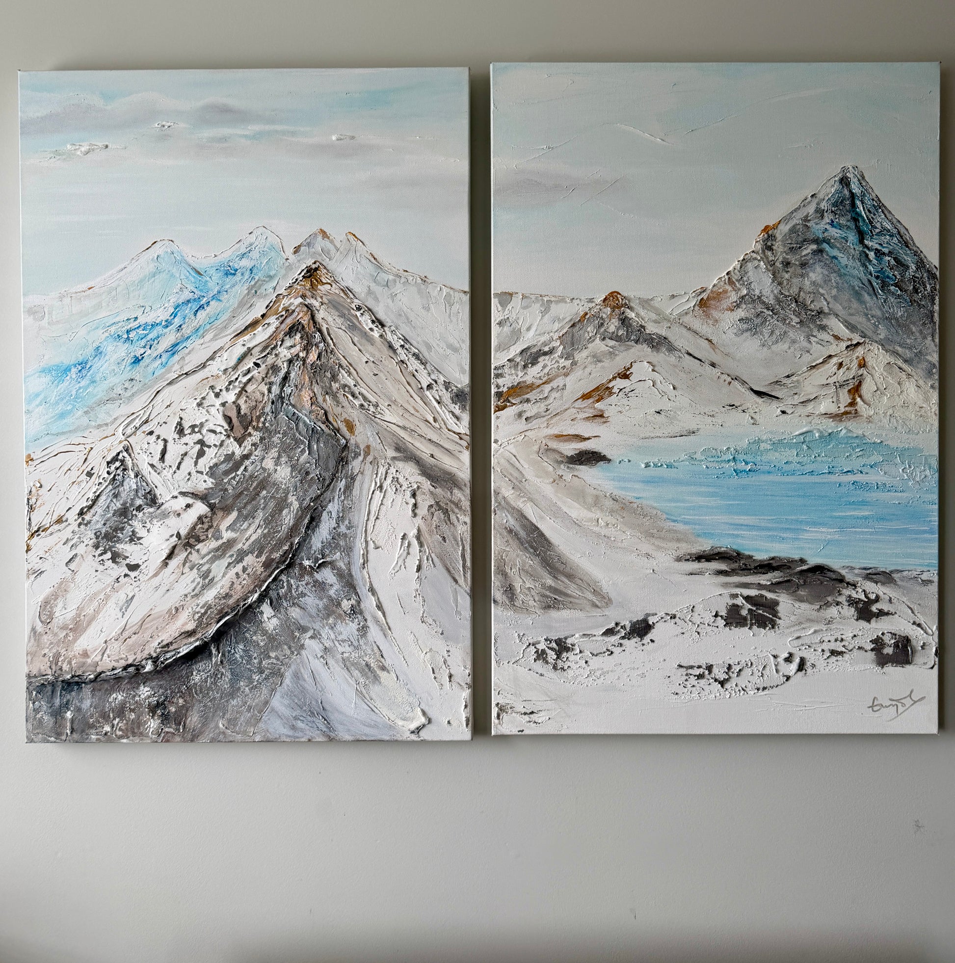 Two canvases in a joint painting (diptych) of a texturized rocky mountain landscape. Perfect for mountain hiking lovers.