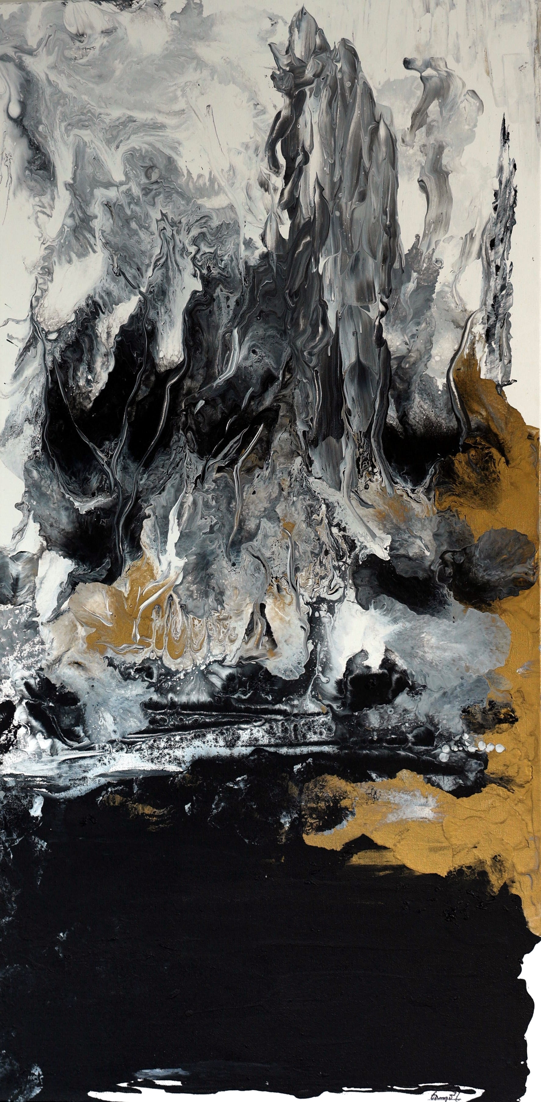 An abstract acrylic painting on canvas featuring a dramatic fire-like pattern with black, gold, white, and gray colors.