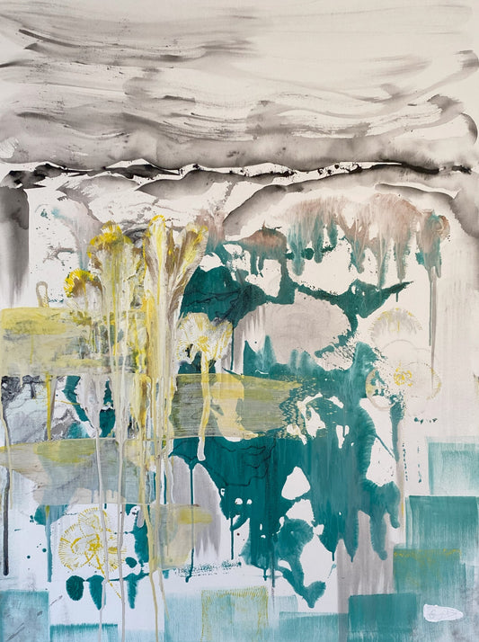 Acrylic on canvas painting featuring aqua, green, and yellow colors on a white canvas.
