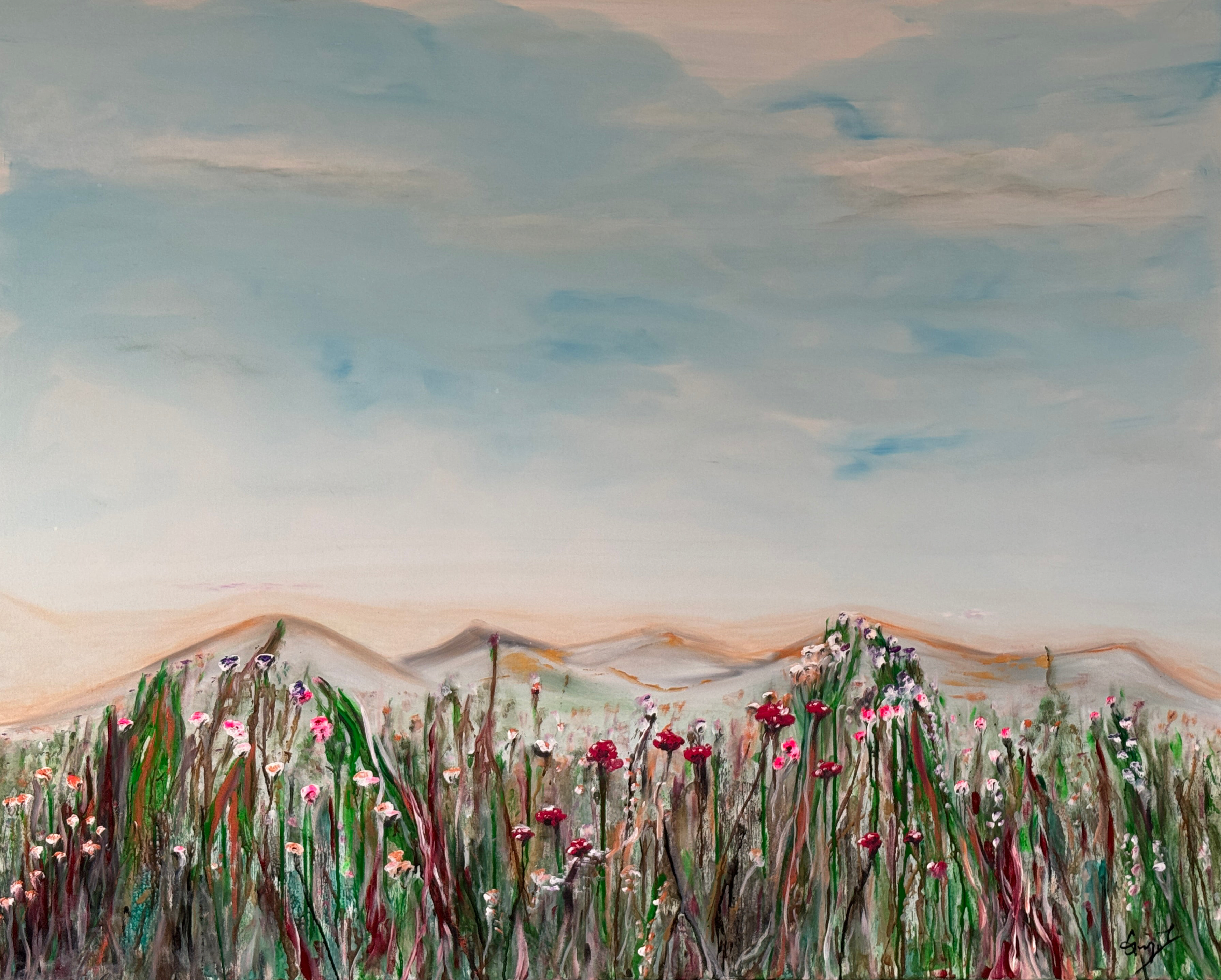 An acrylic painting on canvas depicting a landscape with wildflowers in the foreground and mountains in the background, with a predominantly blue sky.