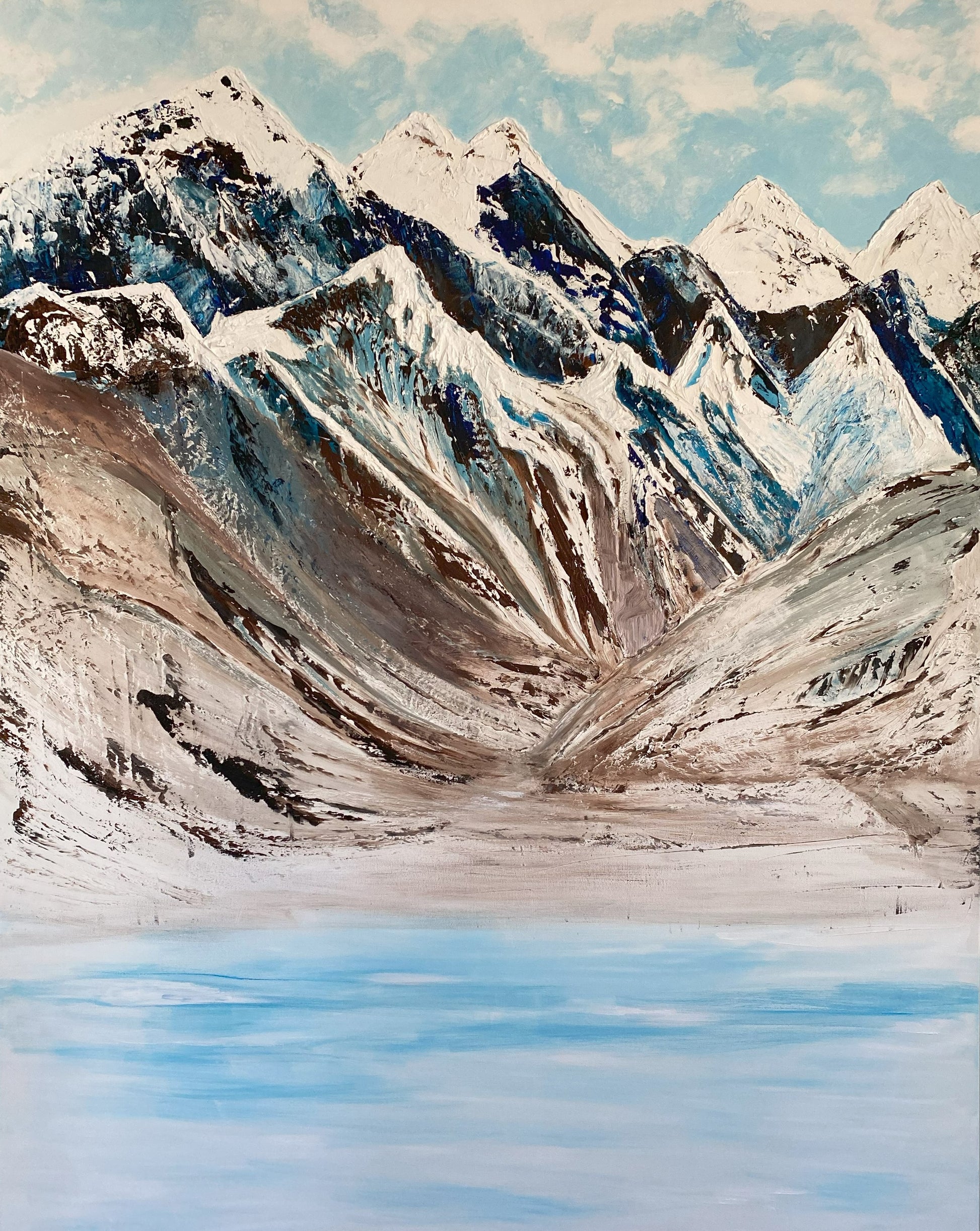 A limited edition metal matte print featuring a stylized, abstract representation of the Rocky Mountains at Morraine Lake, Calgary, Alberta.