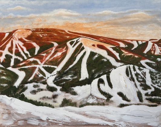 A canvas painting featuring a ski resort in a warm color palette. Highlighting texturized runs for a 3D snowy effect.