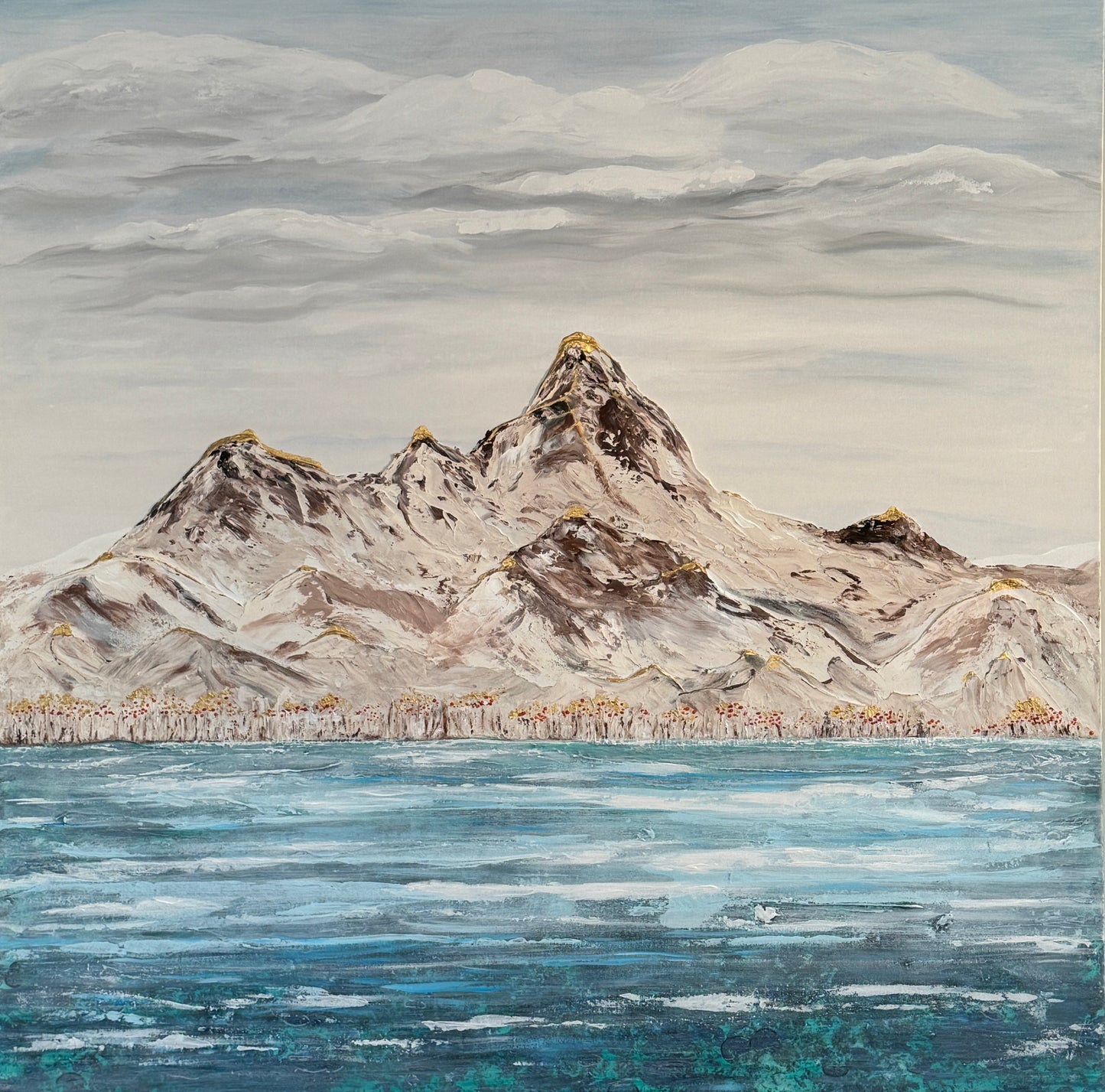 A canvas painting featuring a mountainous landscape with a cloudy sky, depicted in a cool color palette, reflective of a first frost setting in autumn or fall.