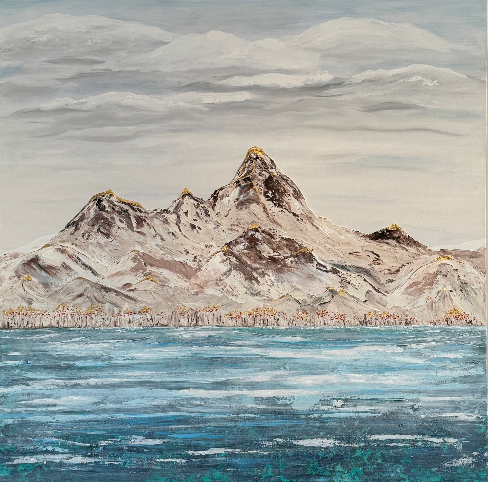 A canvas painting featuring a mountainous landscape with a cloudy sky, depicted in a cool color palette, reflective of a first frost setting in autumn or fall.