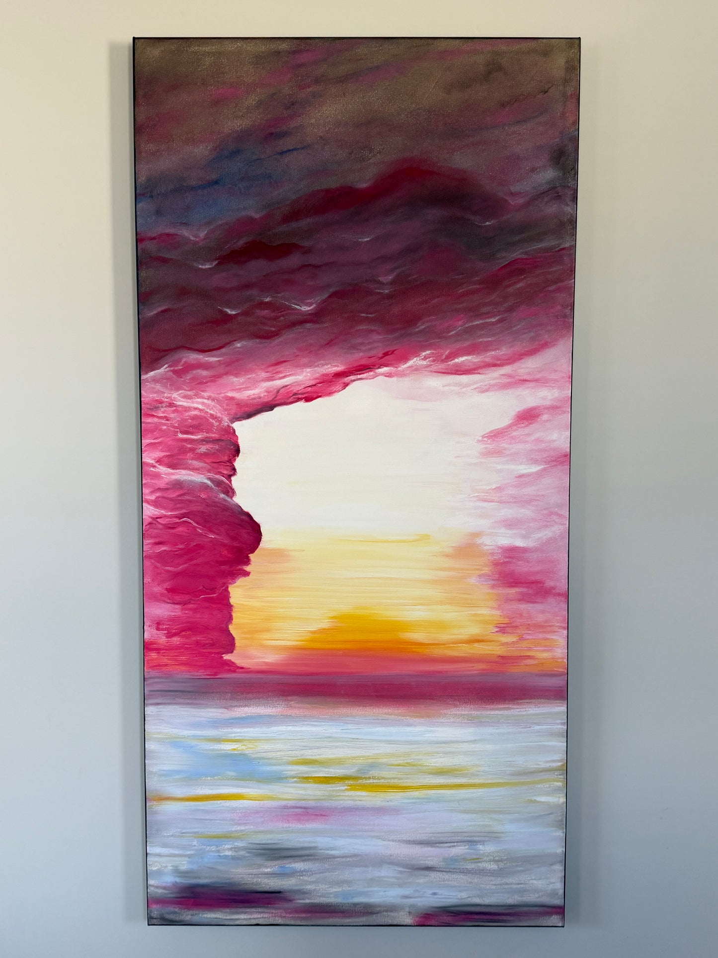 Dark Romance. Oversized abstract painting of moody sky and mystical portal. Oil on canvas. Triptych (3 vertical panels).
