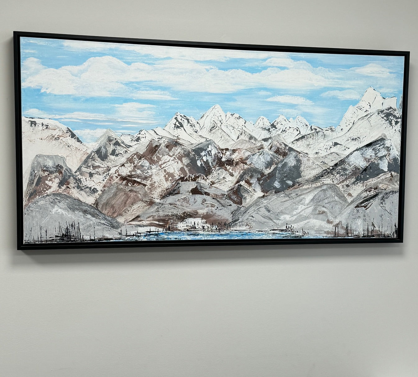 Rocky mountain terrain painting in texturized acrylics highlighting peaks and valleys