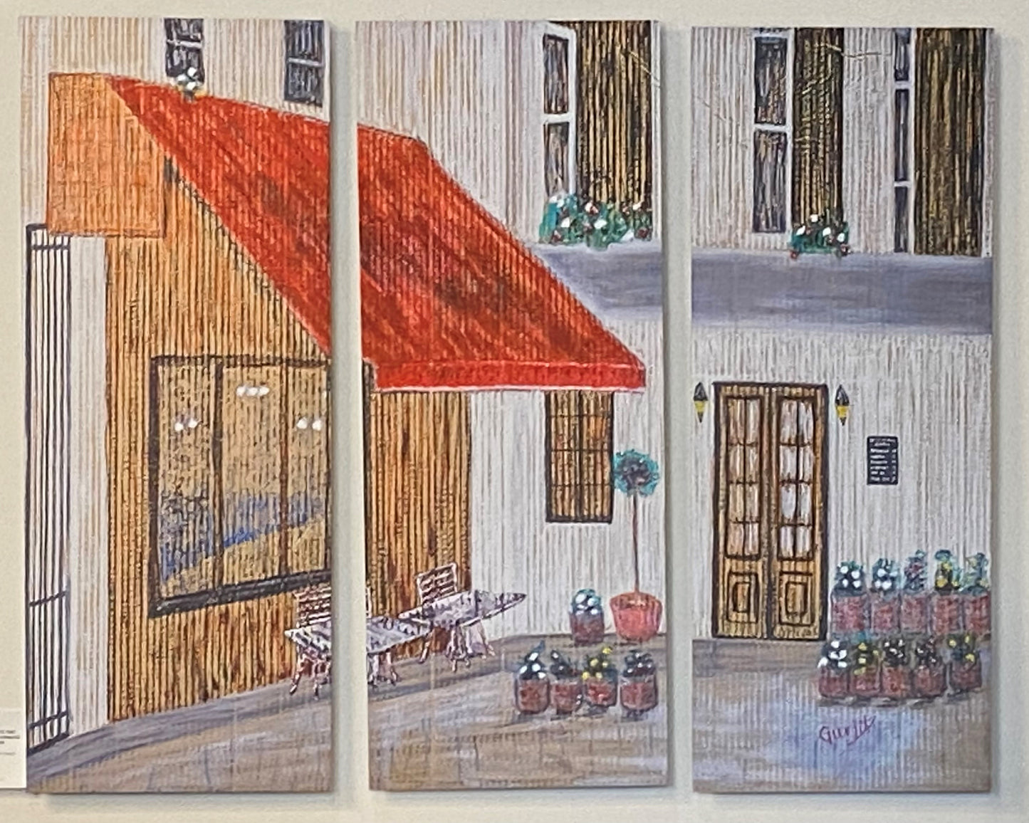 Cafe art print on three metal panels. Triptych.
