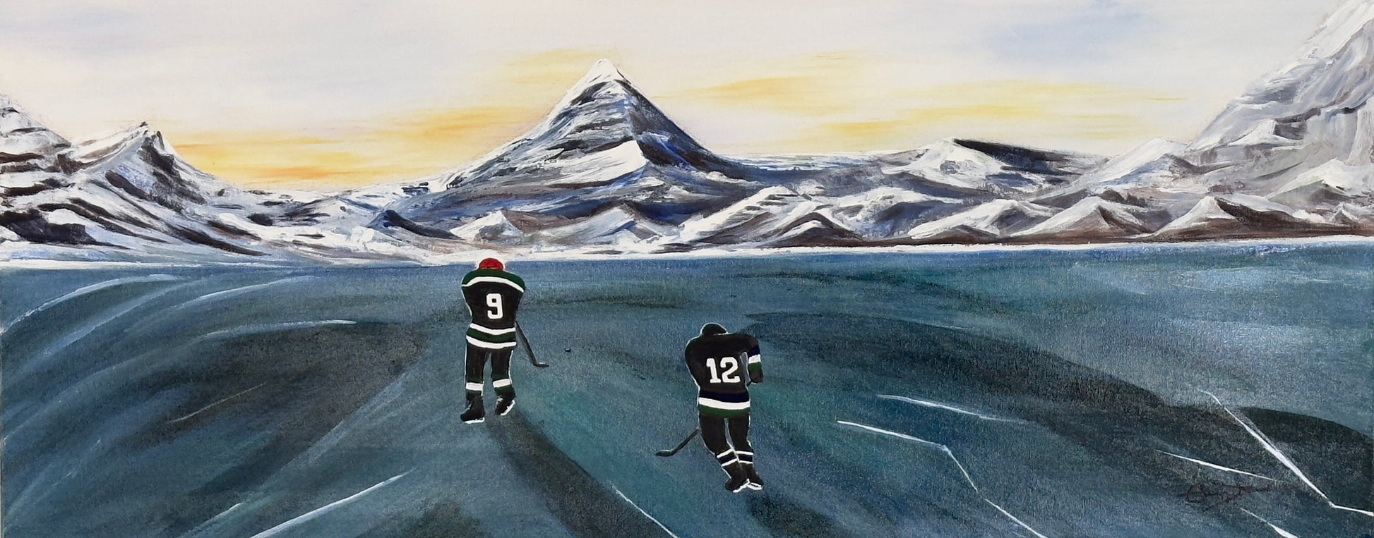 An acrylic painting on canvas featuring two hockey player figures on a frozen lake with mountains in the background and a sunset-like glow in the sky.