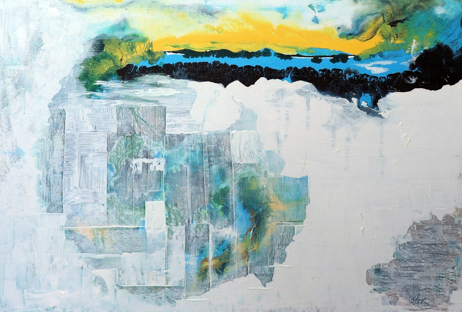 An abstract acrylic painting on canvas in blue, white, and yellow, with a textured base.