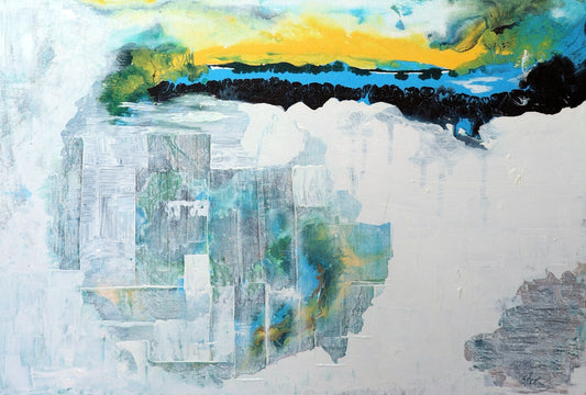 An abstract acrylic painting on canvas in blue, white, and yellow, with a textured base.