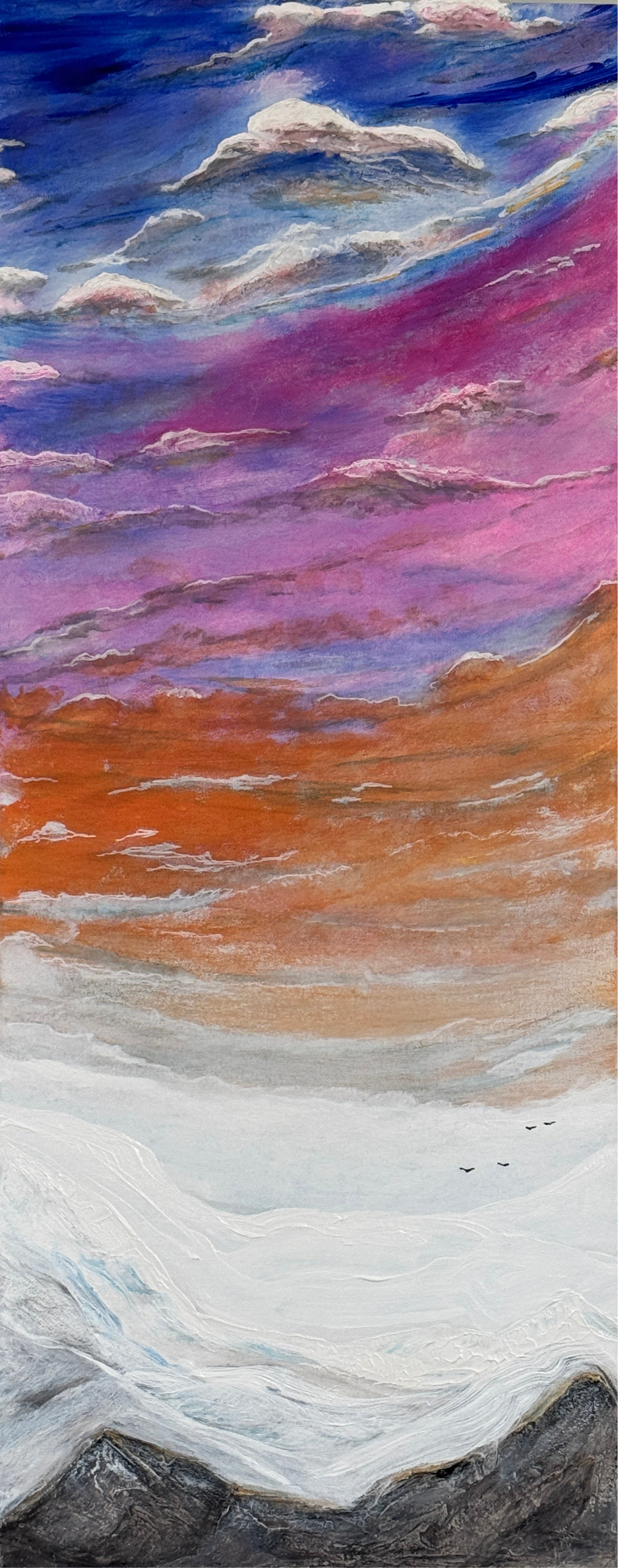 Large, bold, colorful sky and mountains painting