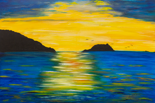 Acrylic on canvas painting of a Costa Rican sunset over the ocean.