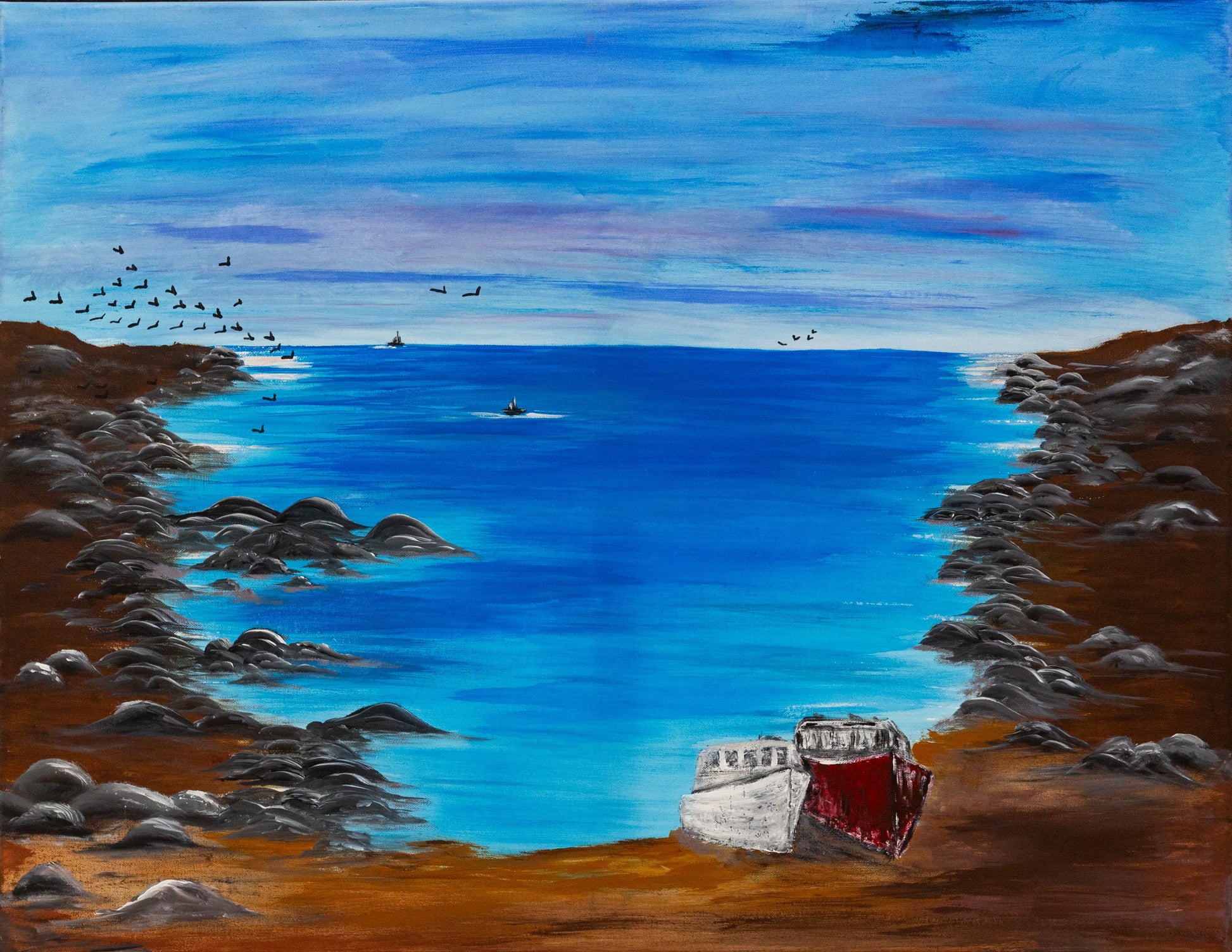A canvas painting featuring a scenic view of the sea with two boats on shore, surrounded by a rocky ocean landscape with birds overhead.