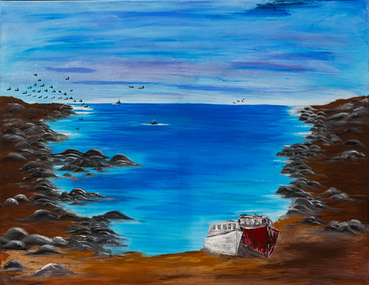A canvas painting featuring a scenic view of the sea with two boats on shore, surrounded by a rocky ocean landscape with birds overhead.